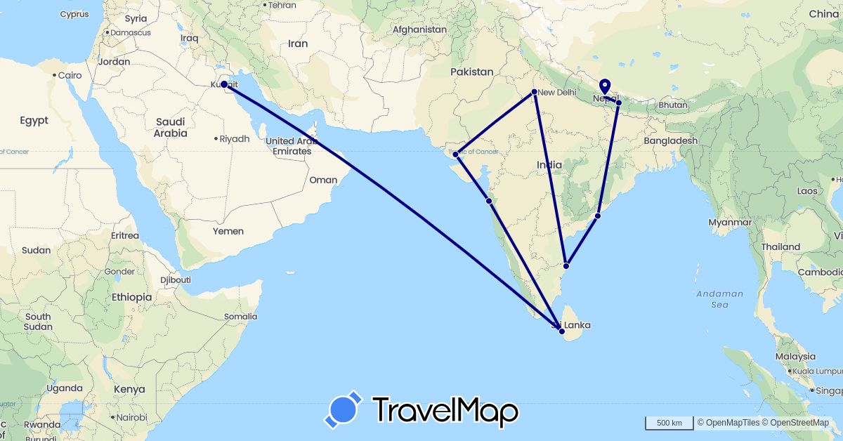 TravelMap itinerary: driving in India, Kuwait, Sri Lanka, Nepal (Asia)
